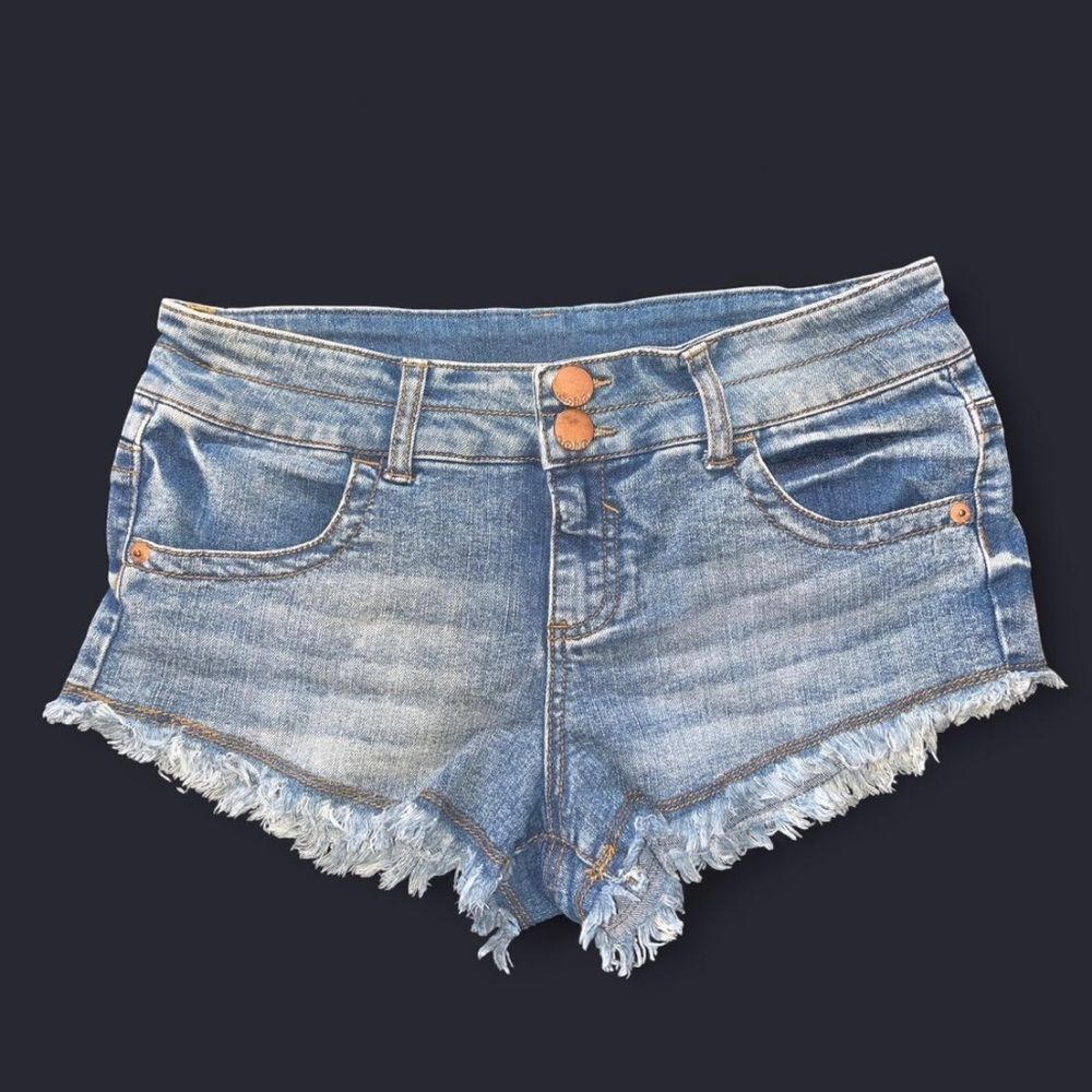 NOBO Blue Medium Wash Denim Mini Shorts With Frayed Hem Size 9